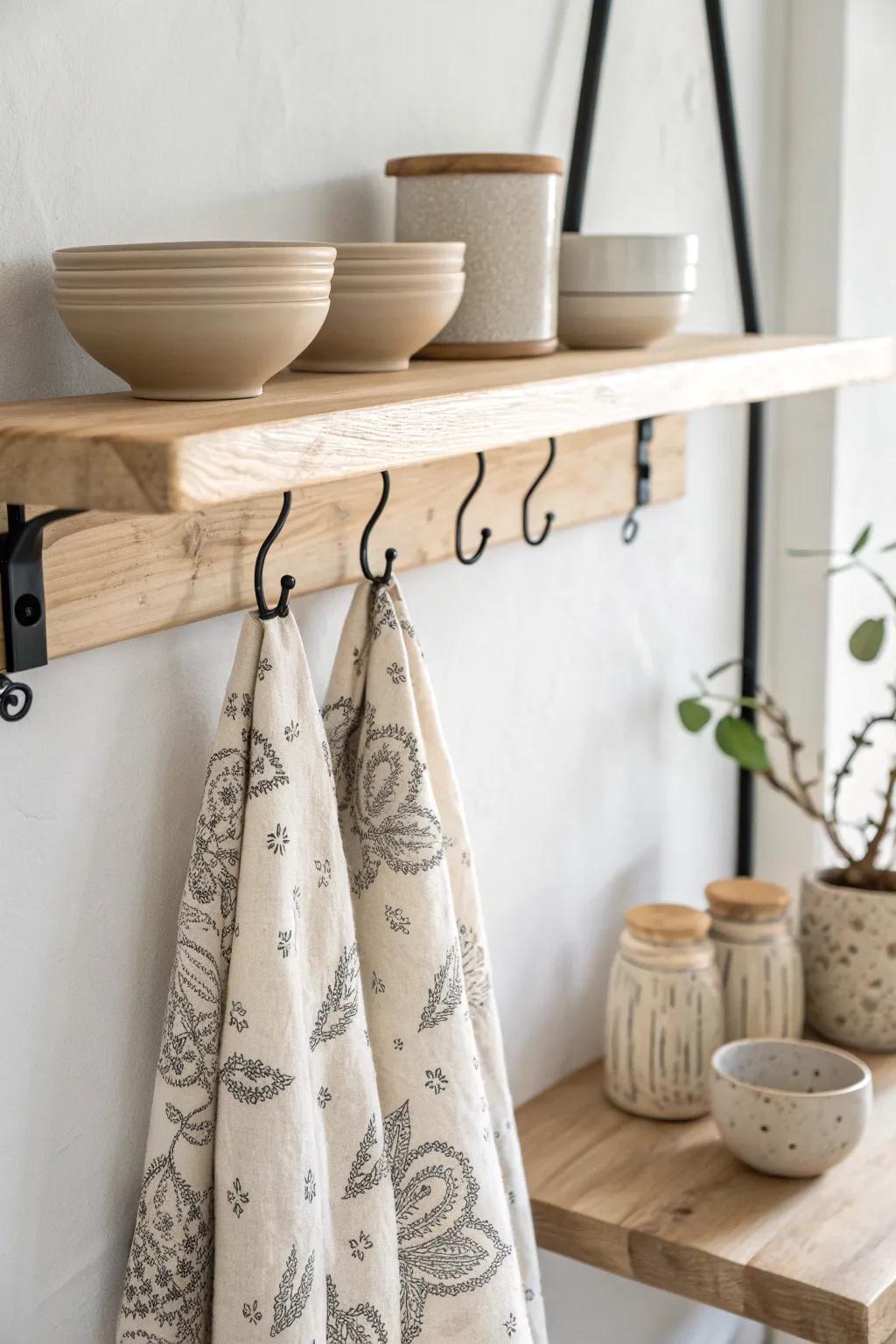 Elevate your kitchen space with a chic shelf and hook combo that blends Scandinavian simplicity with boho elegance.