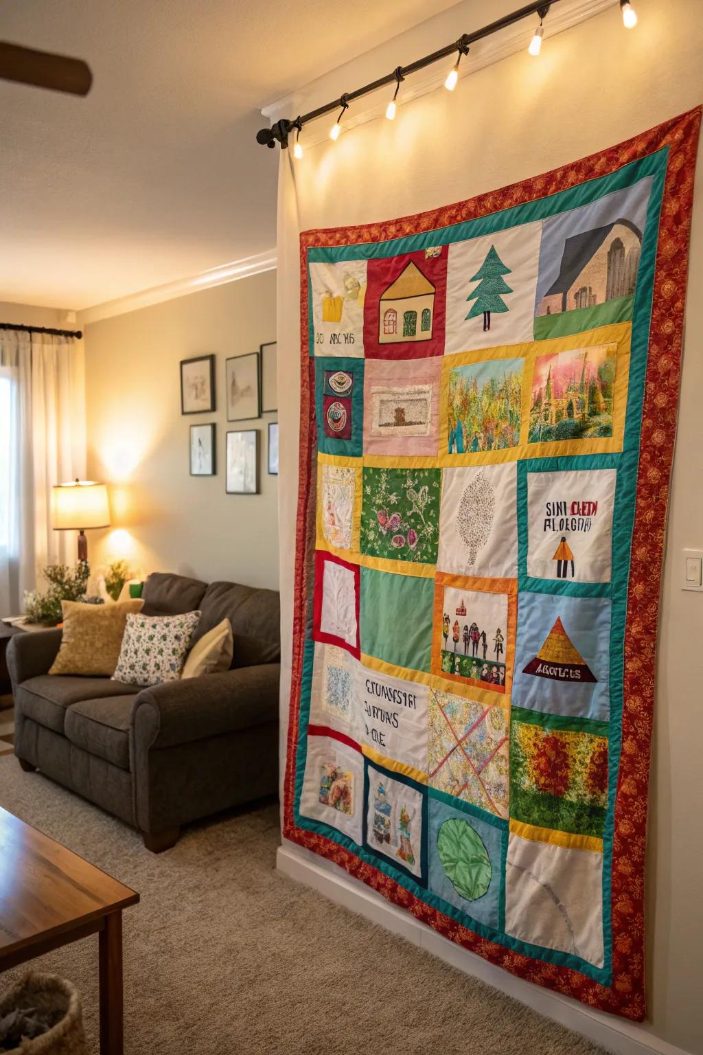 A collaborative story quilt made by students, perfect for cozy decor.