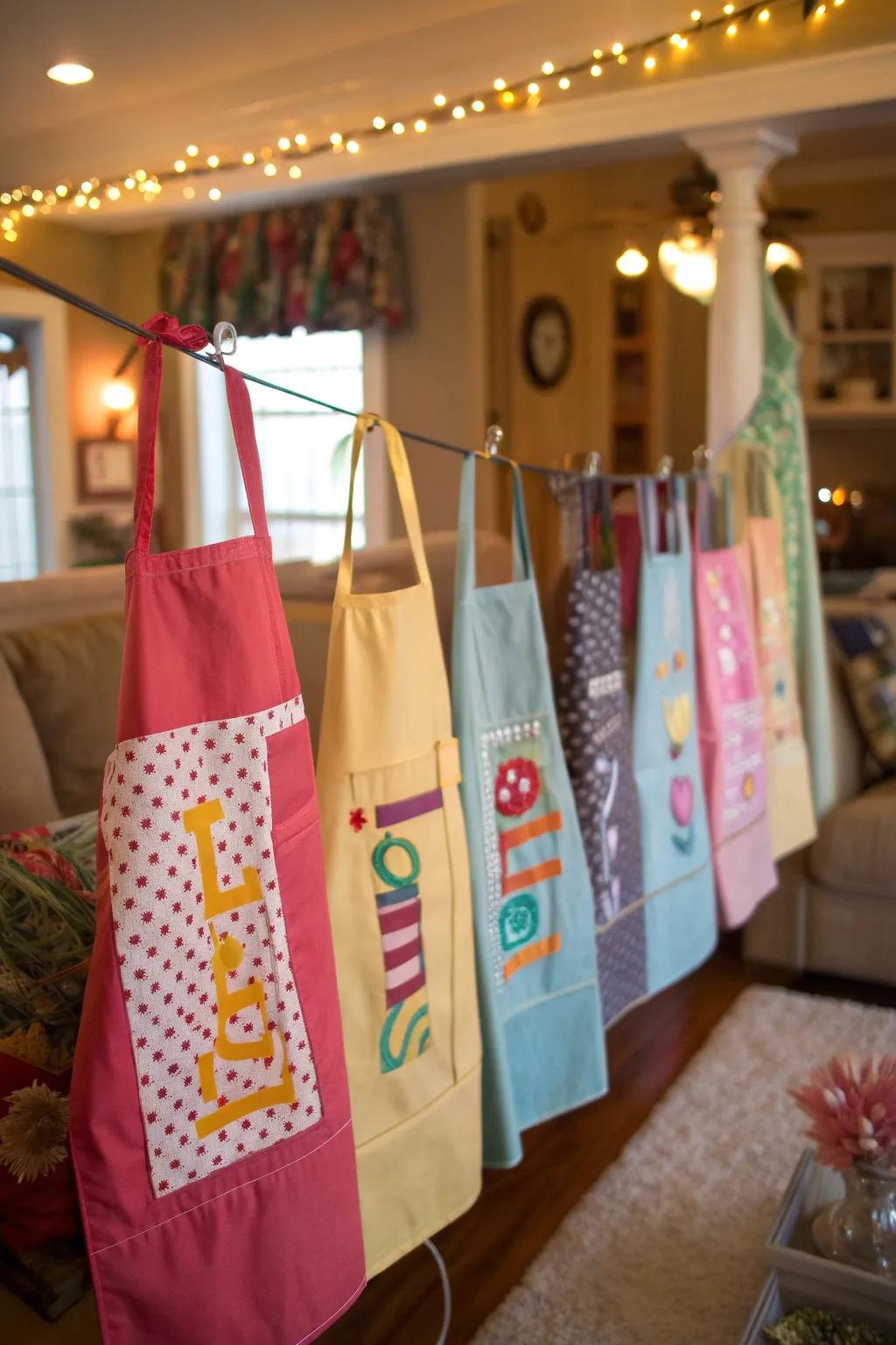 A row of customized aprons, ready for each guest to wear and take home as a memento.