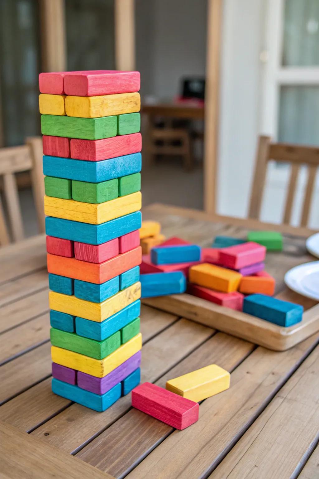 A playful twist on the classic Jenga game with vibrant hues.