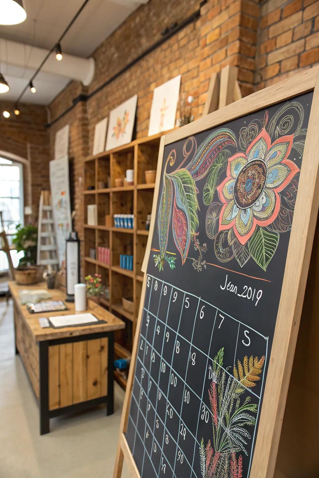 An artistic chalkboard calendar that doubles as a canvas.