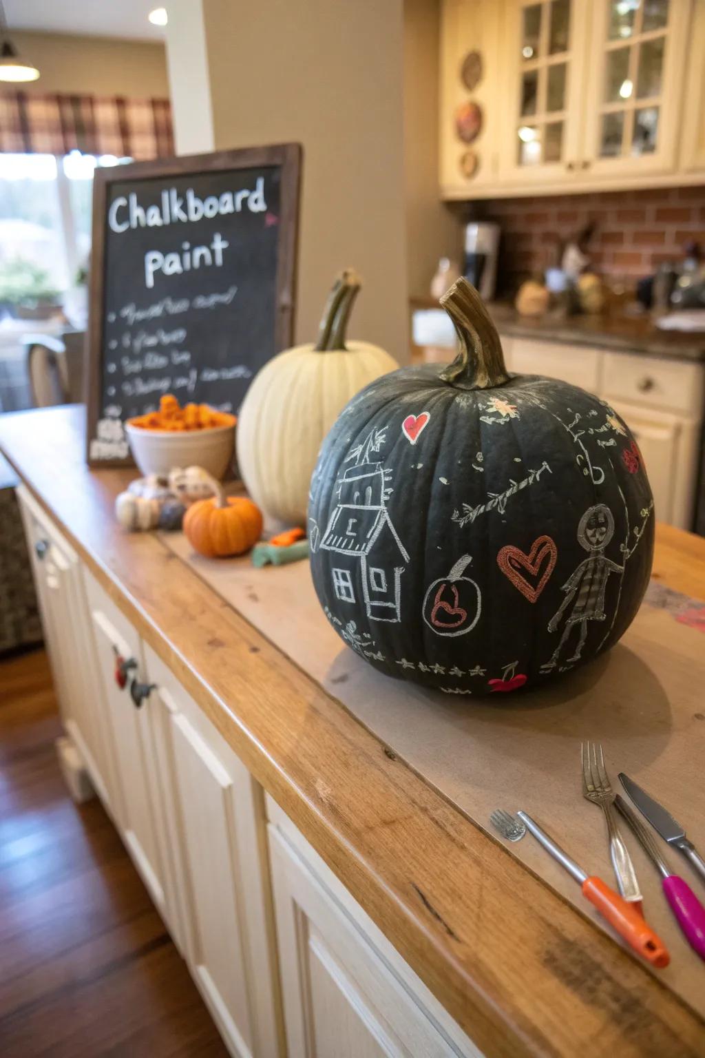 A chalkboard pumpkin offering a customizable and interactive decorating option.