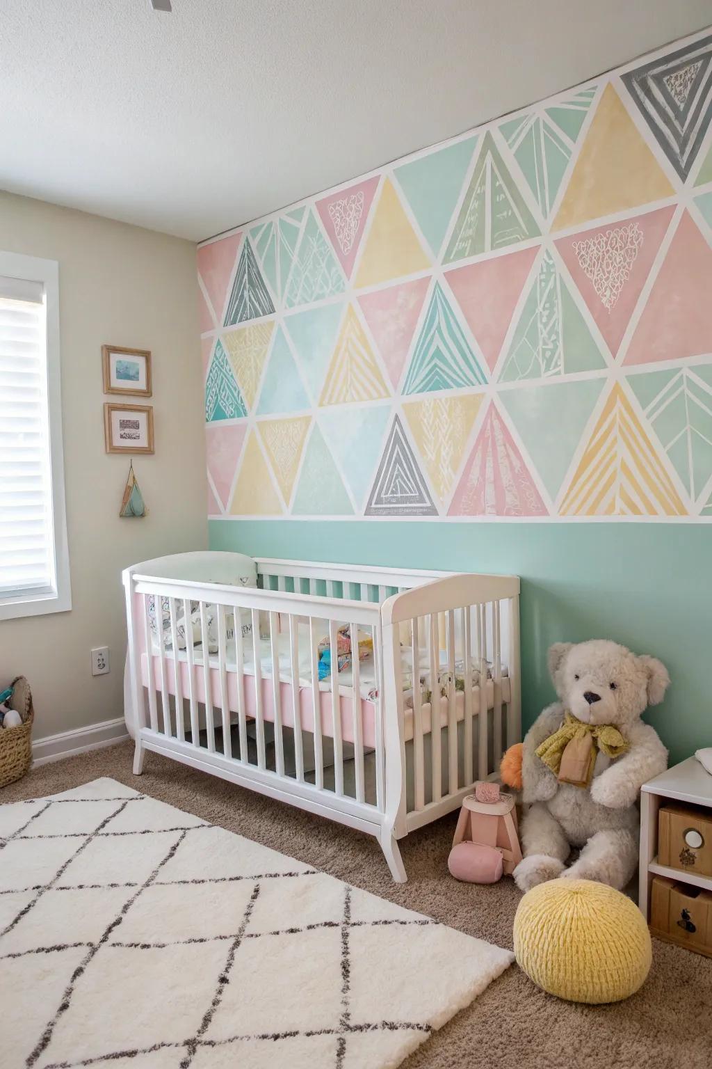 A unique nursery with a DIY statement wall of geometric patterns.