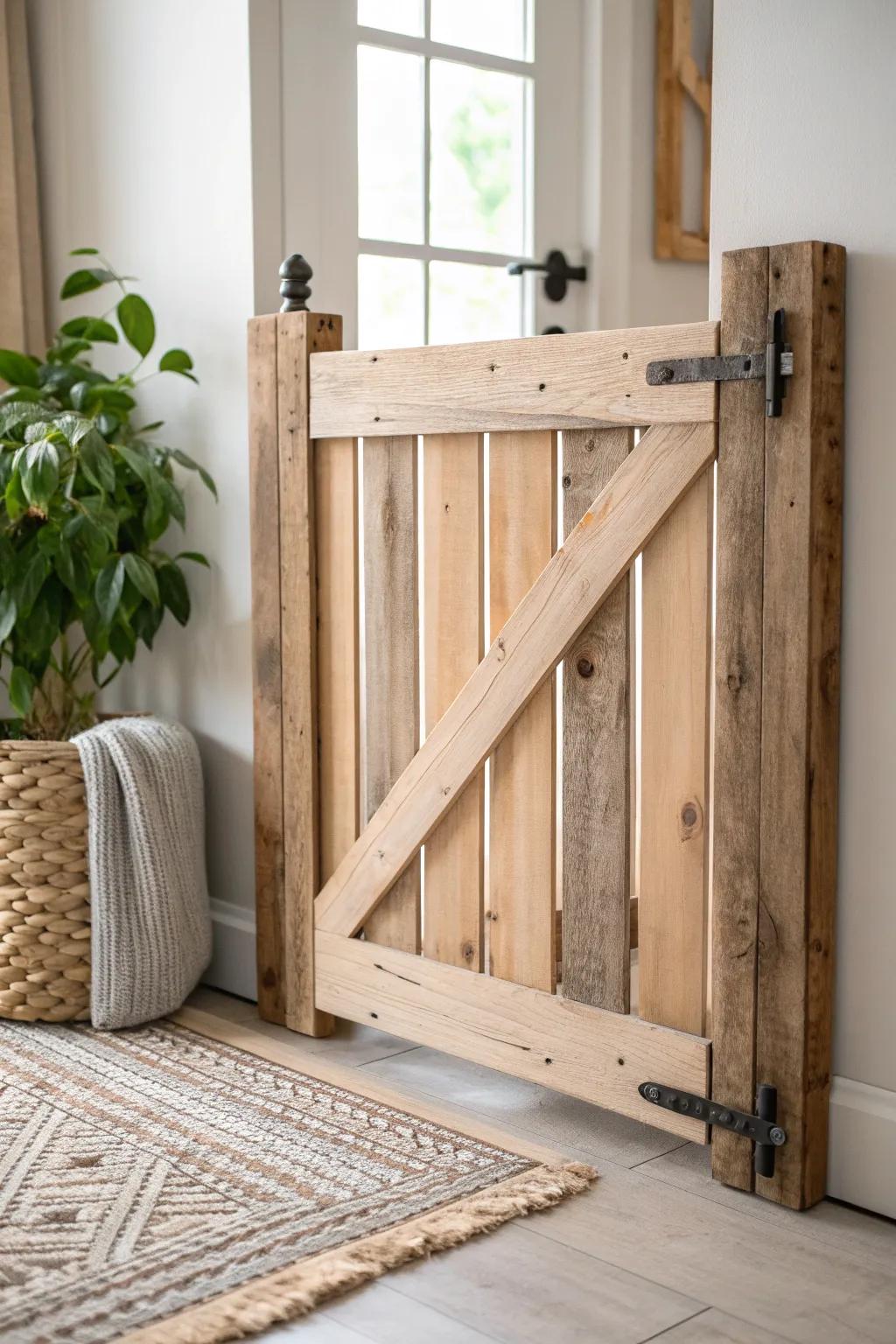 Embrace rustic elegance with a handcrafted wooden baby gate that blends simplicity and natural beauty.
