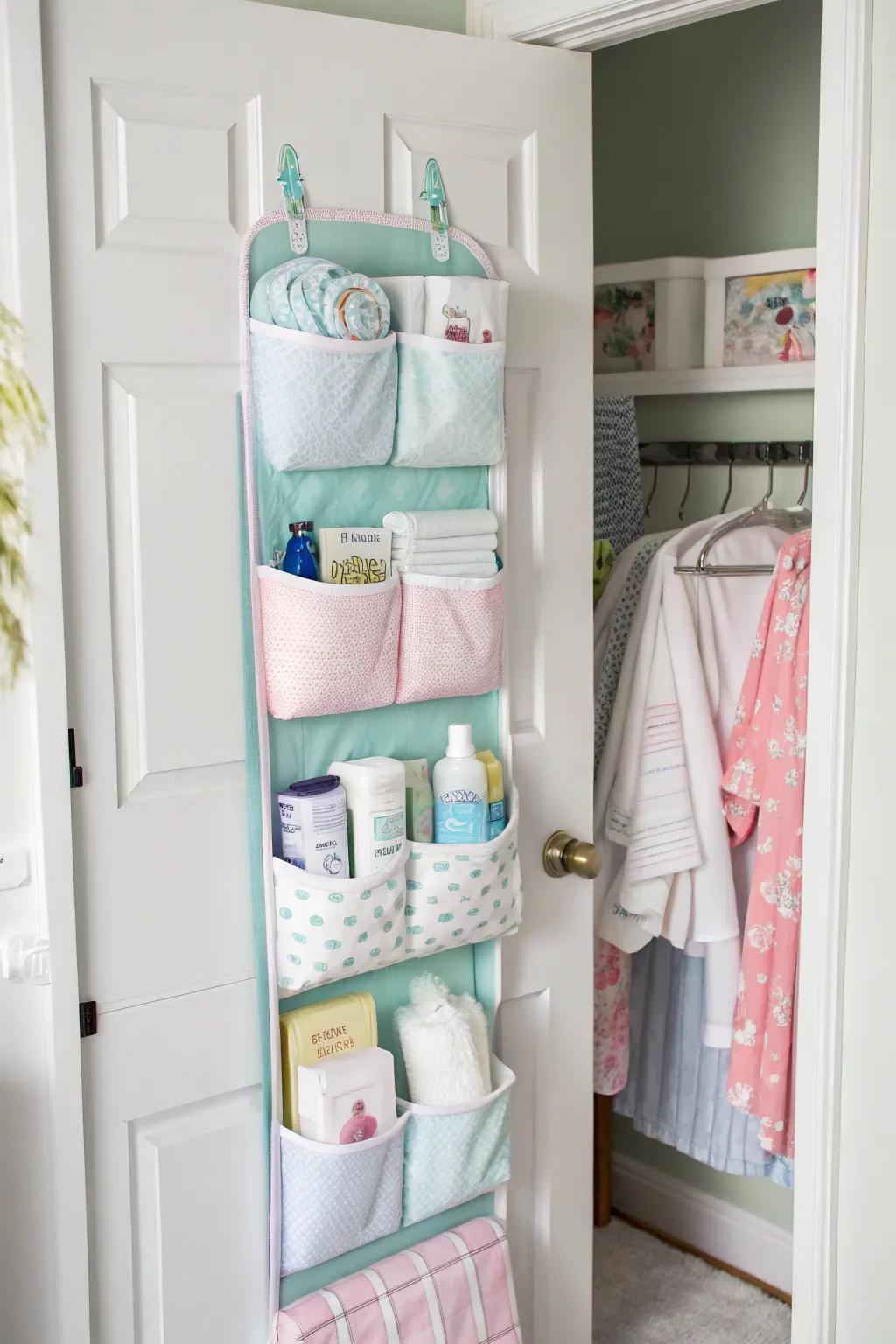 Using the back of the door for storage is an ingenious way to maximize space in a nursery.