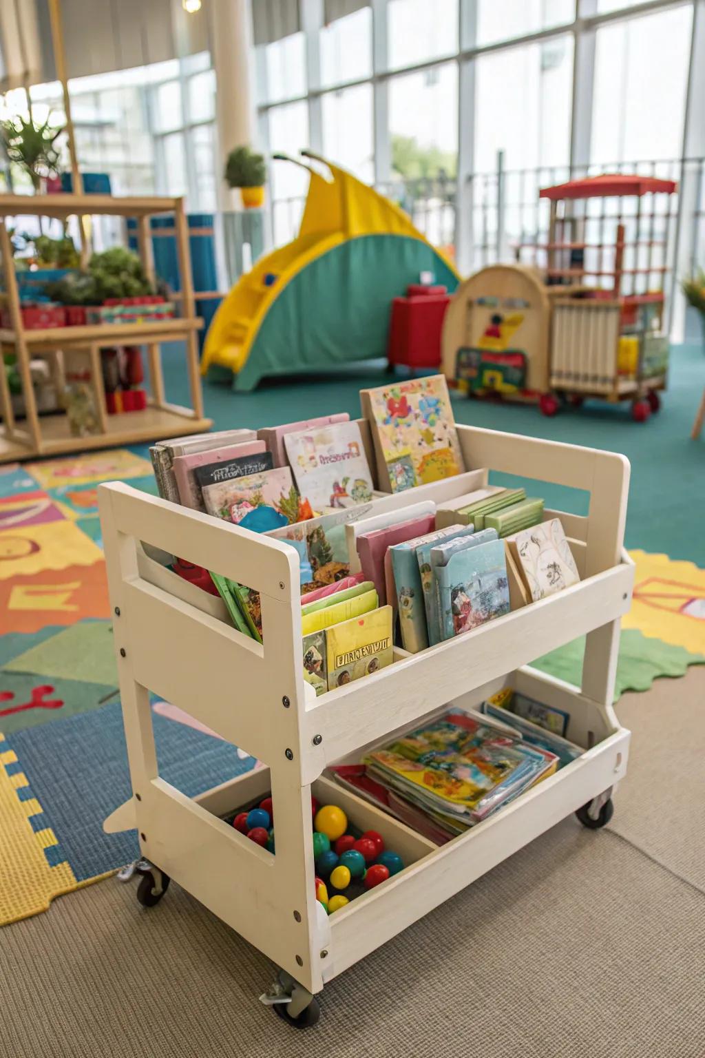 A tidy toy and book station for a clutter-free play zone.