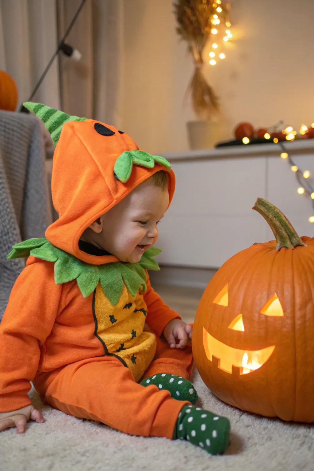 A cute costume is a charming alternative to the pumpkin seat.