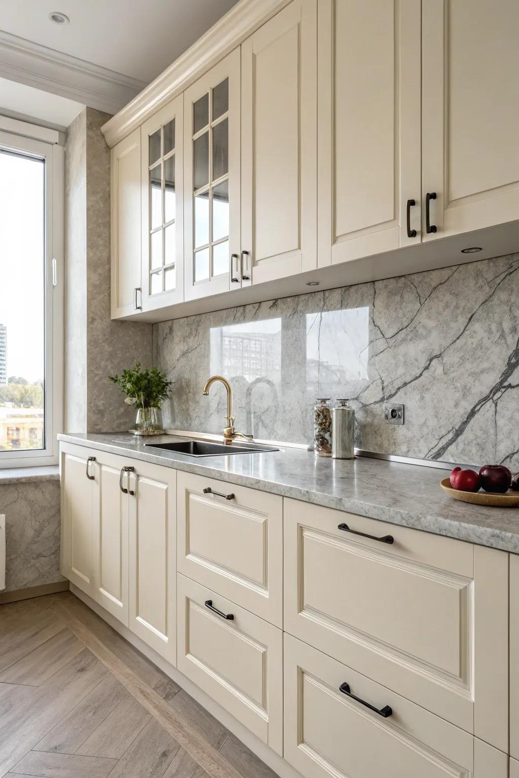 Gray marble offers a sophisticated contrast.