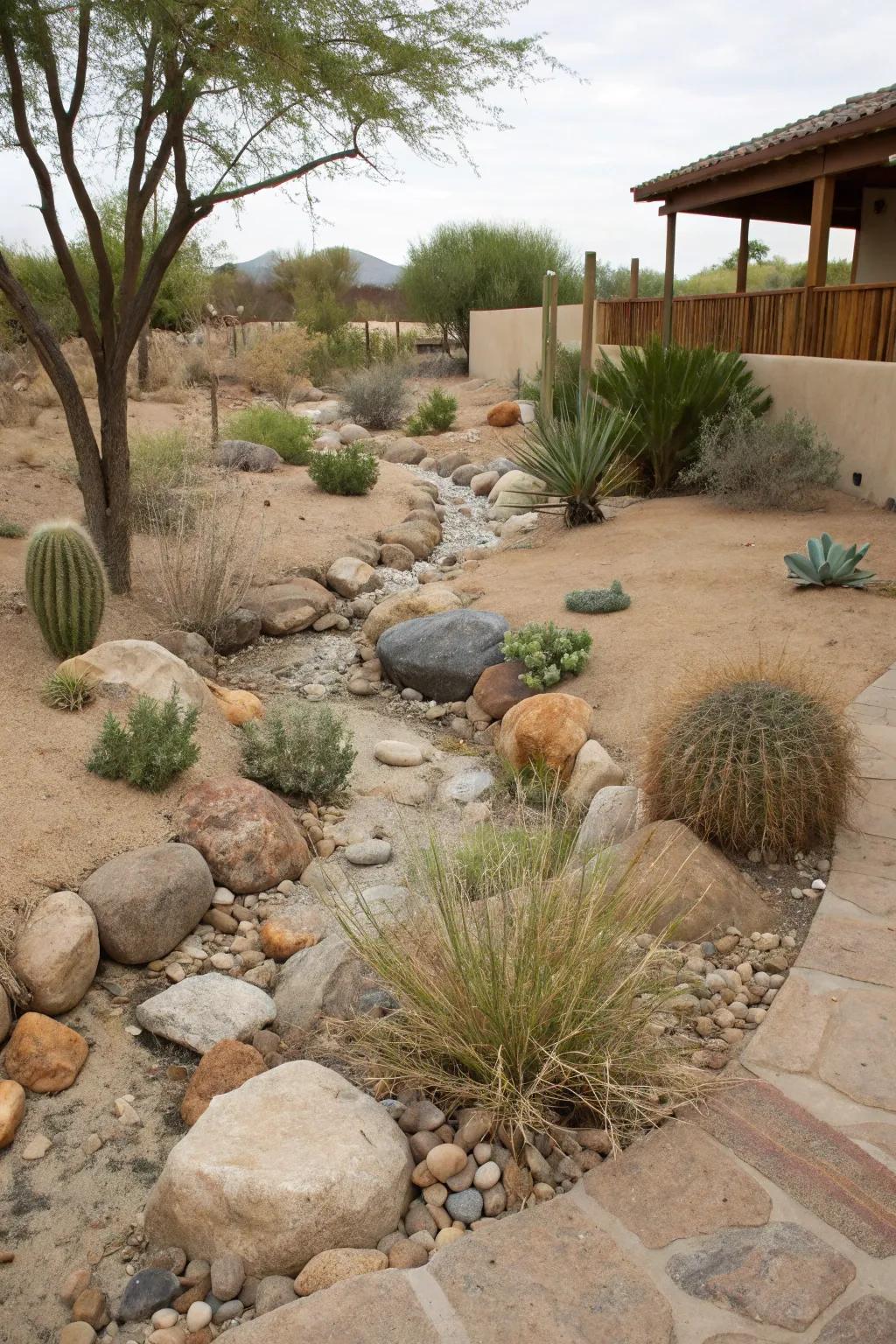 Dry stream beds add visual interest and improve drainage in desert gardens.