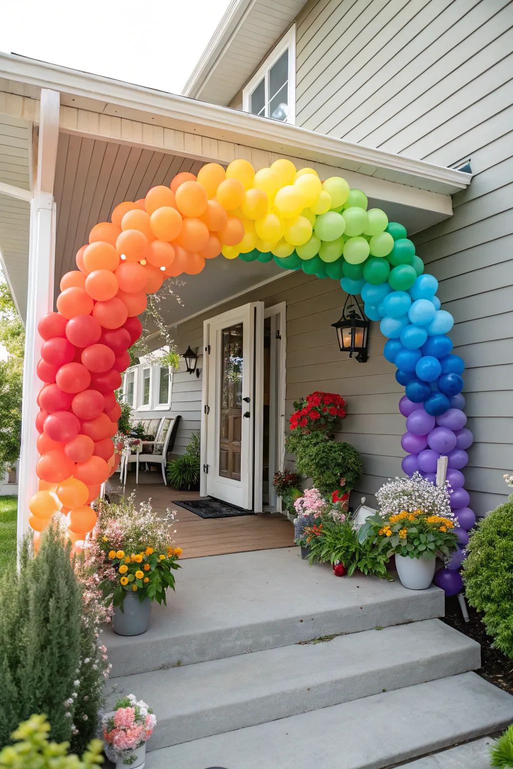 A vibrant rainbow balloon arch.