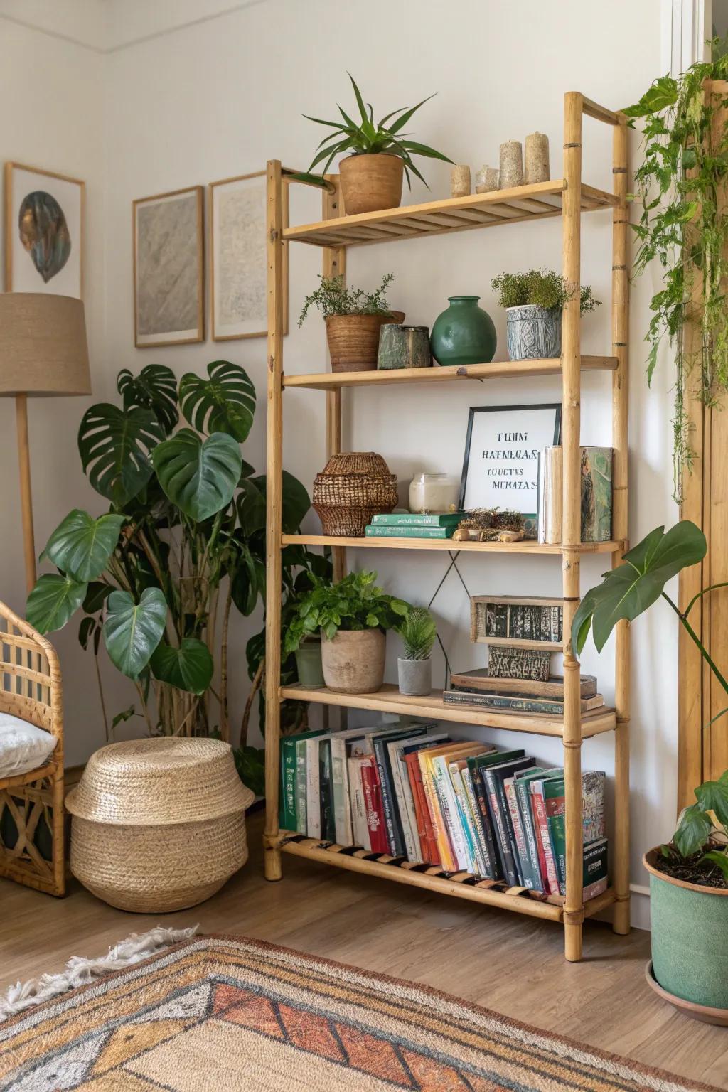 Bamboo shelves offer a stylish way to display your treasures.