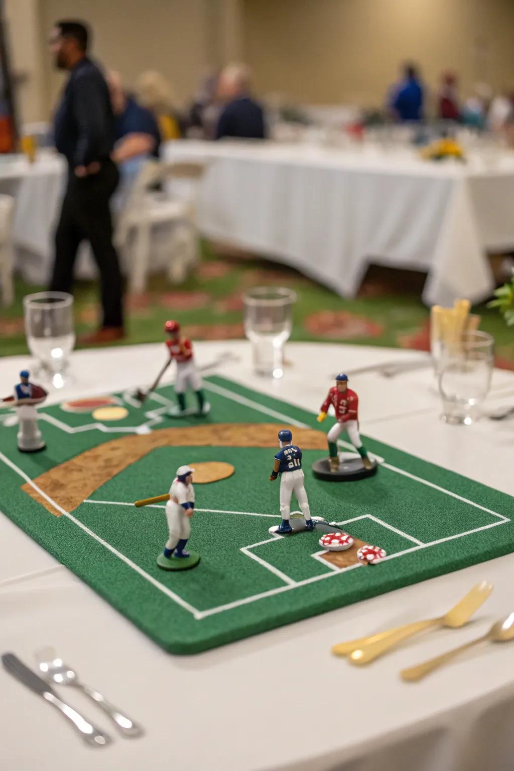 A mini baseball field centerpiece sure to delight guests of all ages.