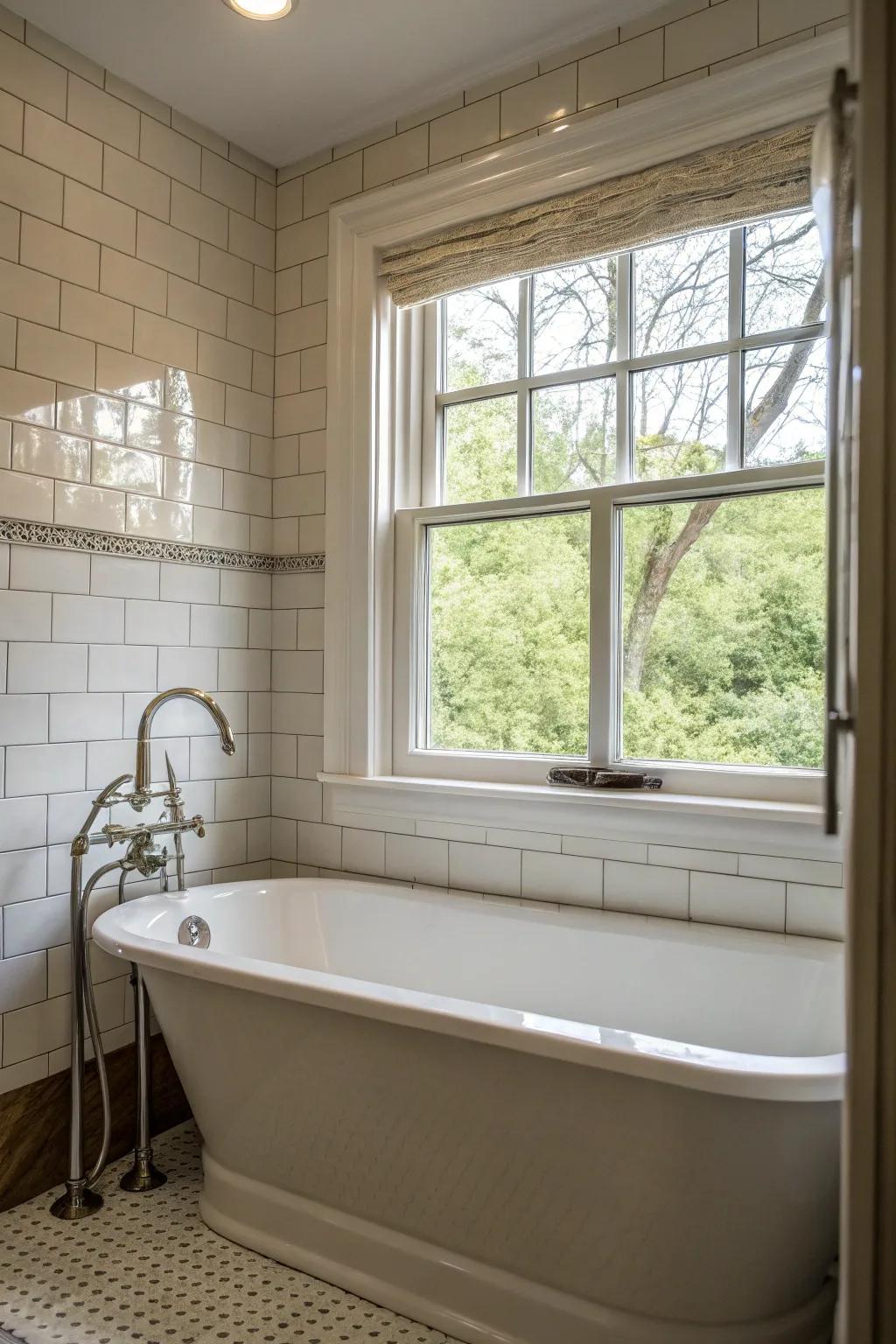 A bathtub under a window creates a serene bathing space with natural light.