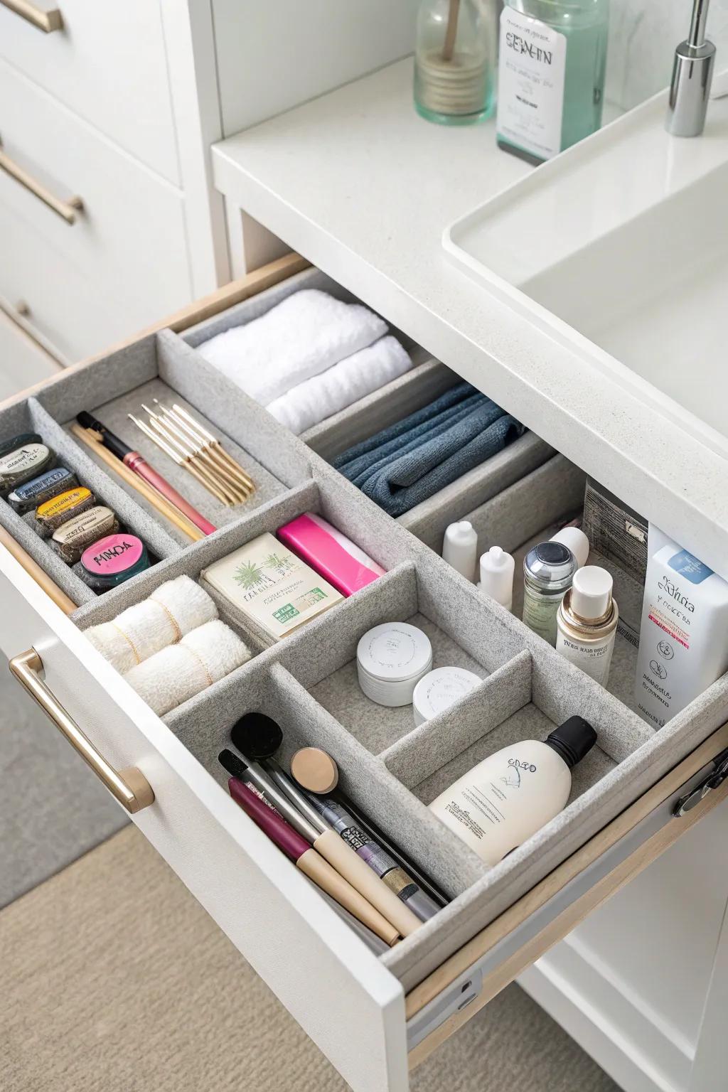 Drawer dividers keep small items organized and easily accessible.