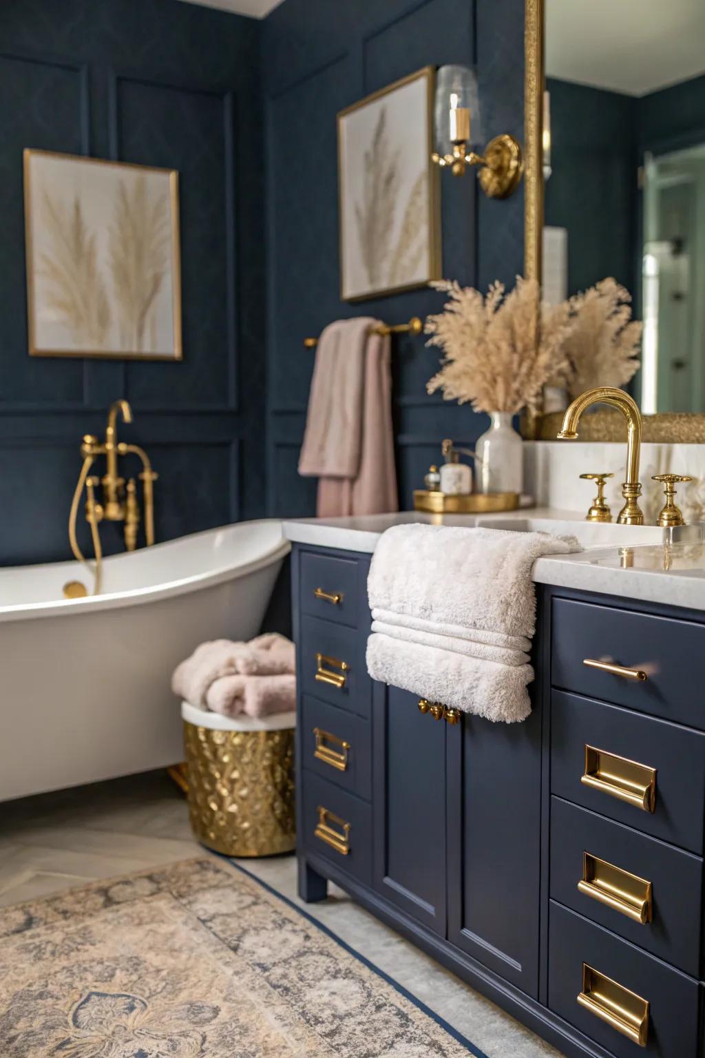 Navy blue walls bring depth and drama to this sophisticated bathroom.