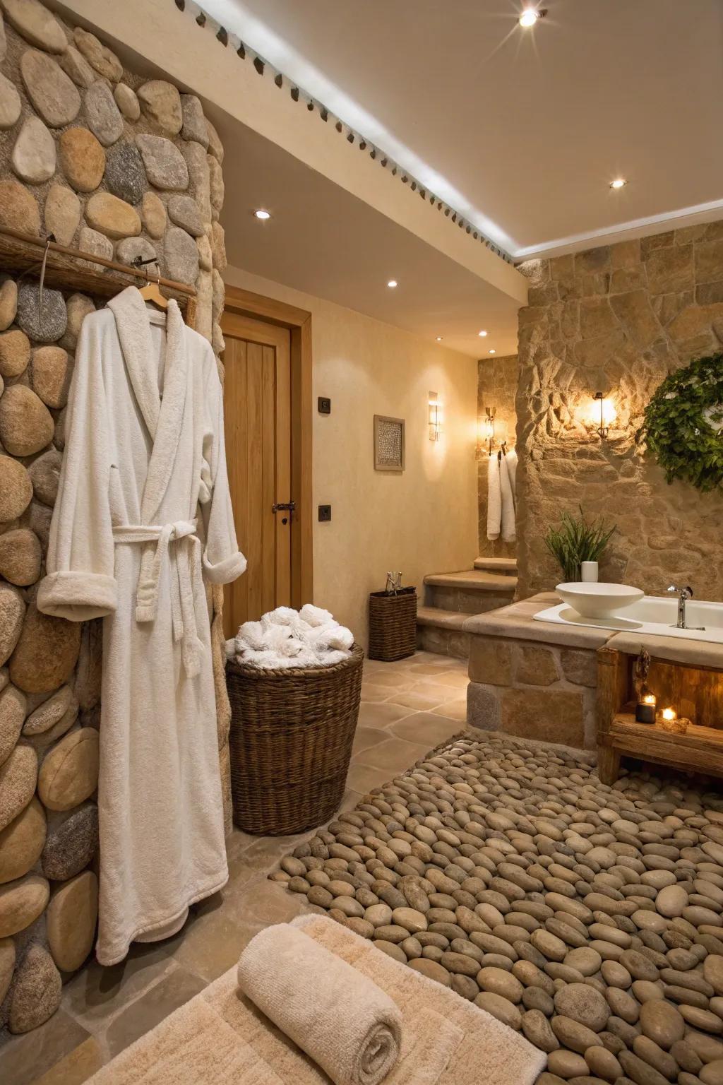 A spa-like bathroom retreat with natural stones and calming decor.