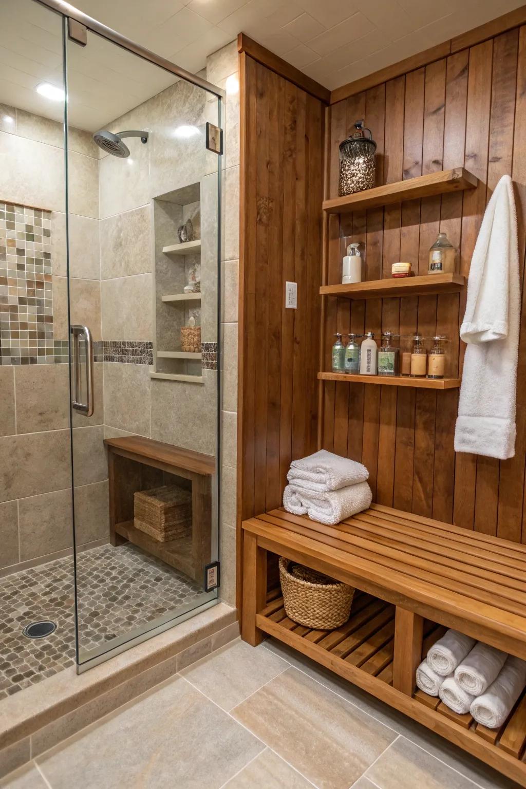 Wood accents bring warmth and a natural touch to your shower.