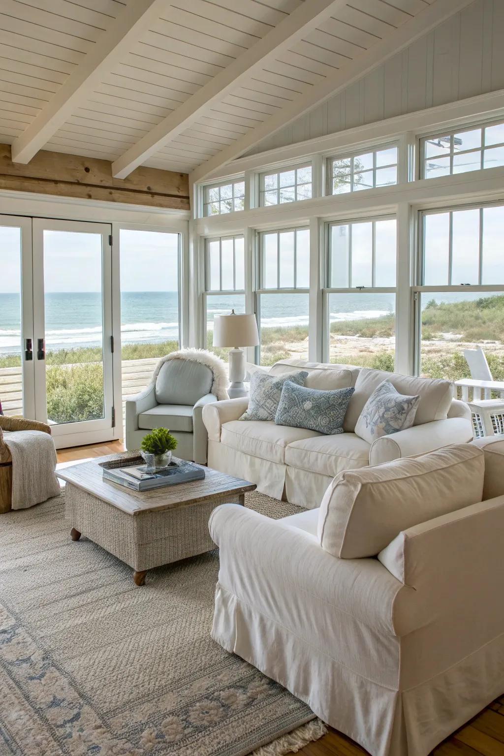 Washable slipcovers add a practical and relaxed vibe to this beach house.