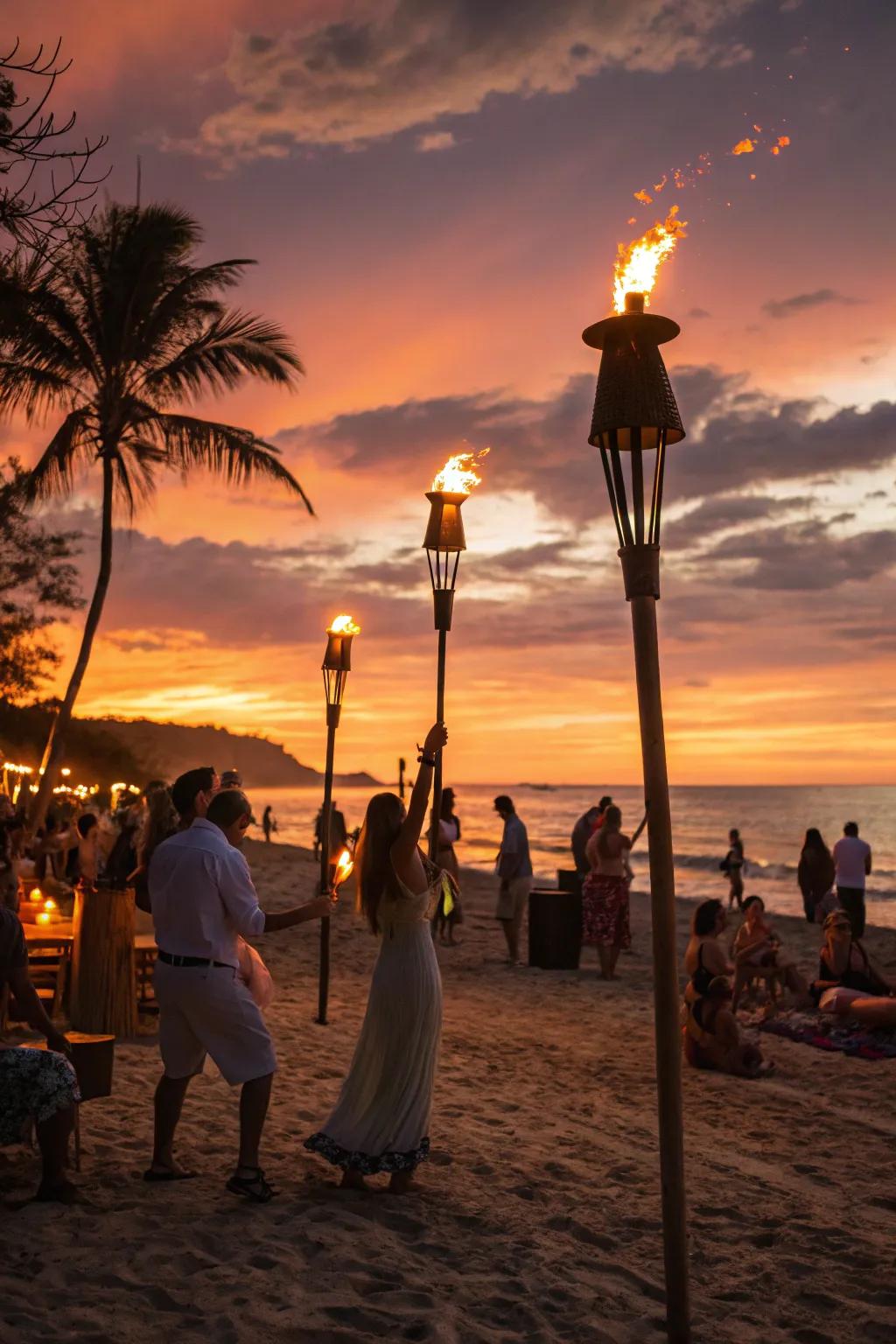 DIY tiki torches creating a warm and inviting atmosphere.