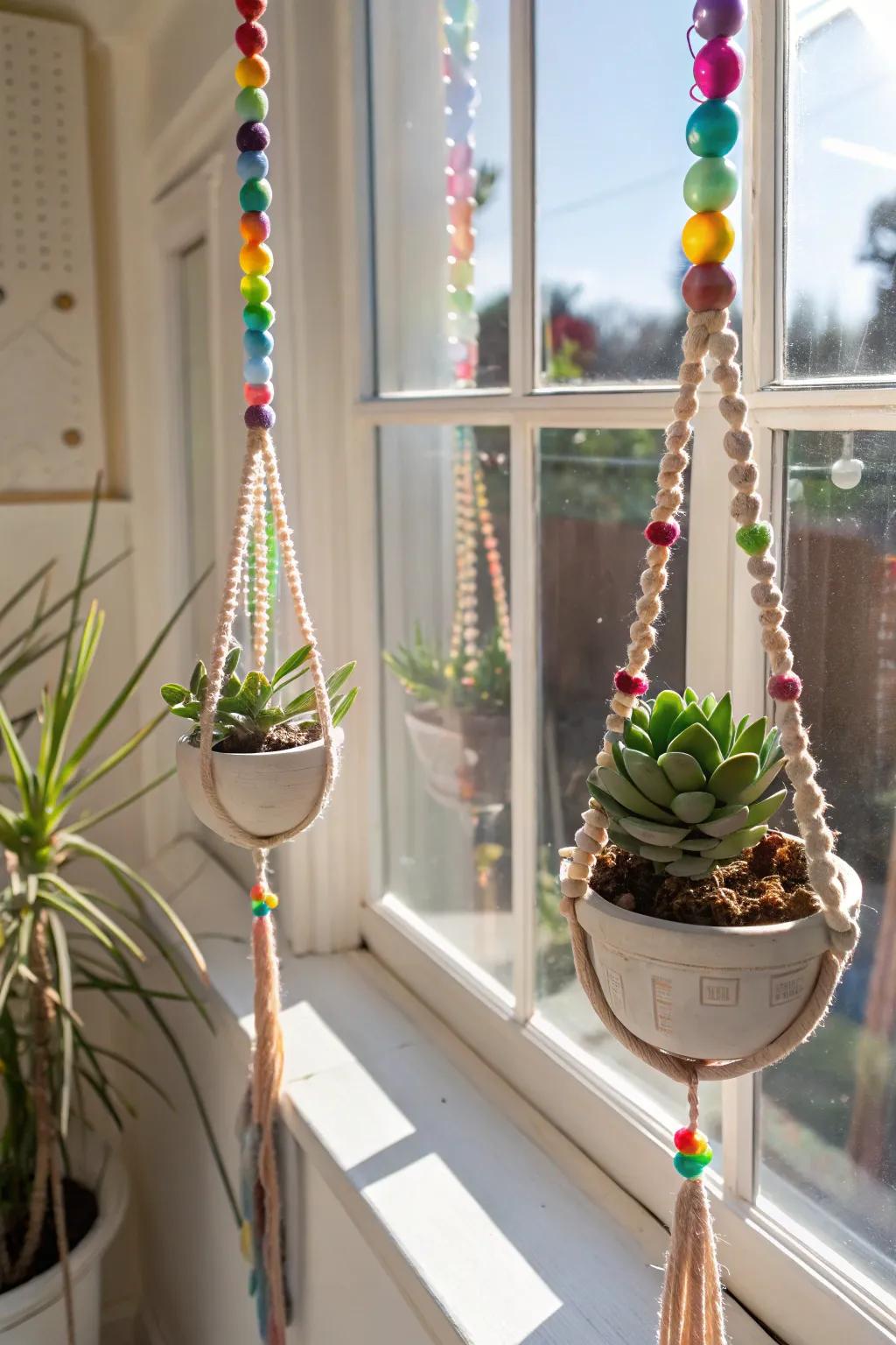 Beaded plant hangers adding charm to window plants.