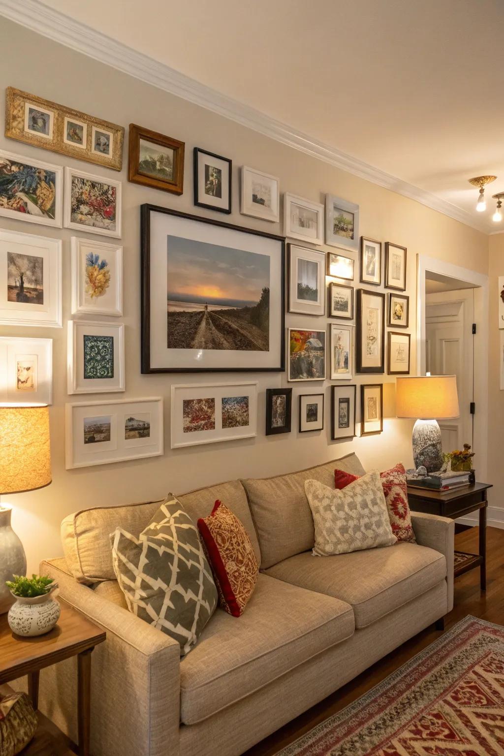 A gallery wall adds personality and interest to the living room.