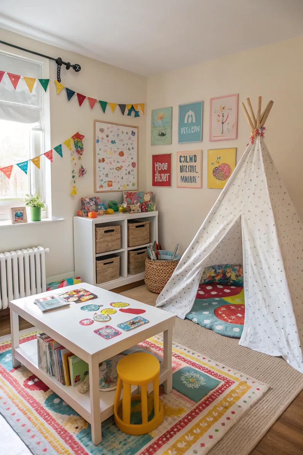 A colorful play corner in a toddler's bedroom, complete with a table for creative activities.