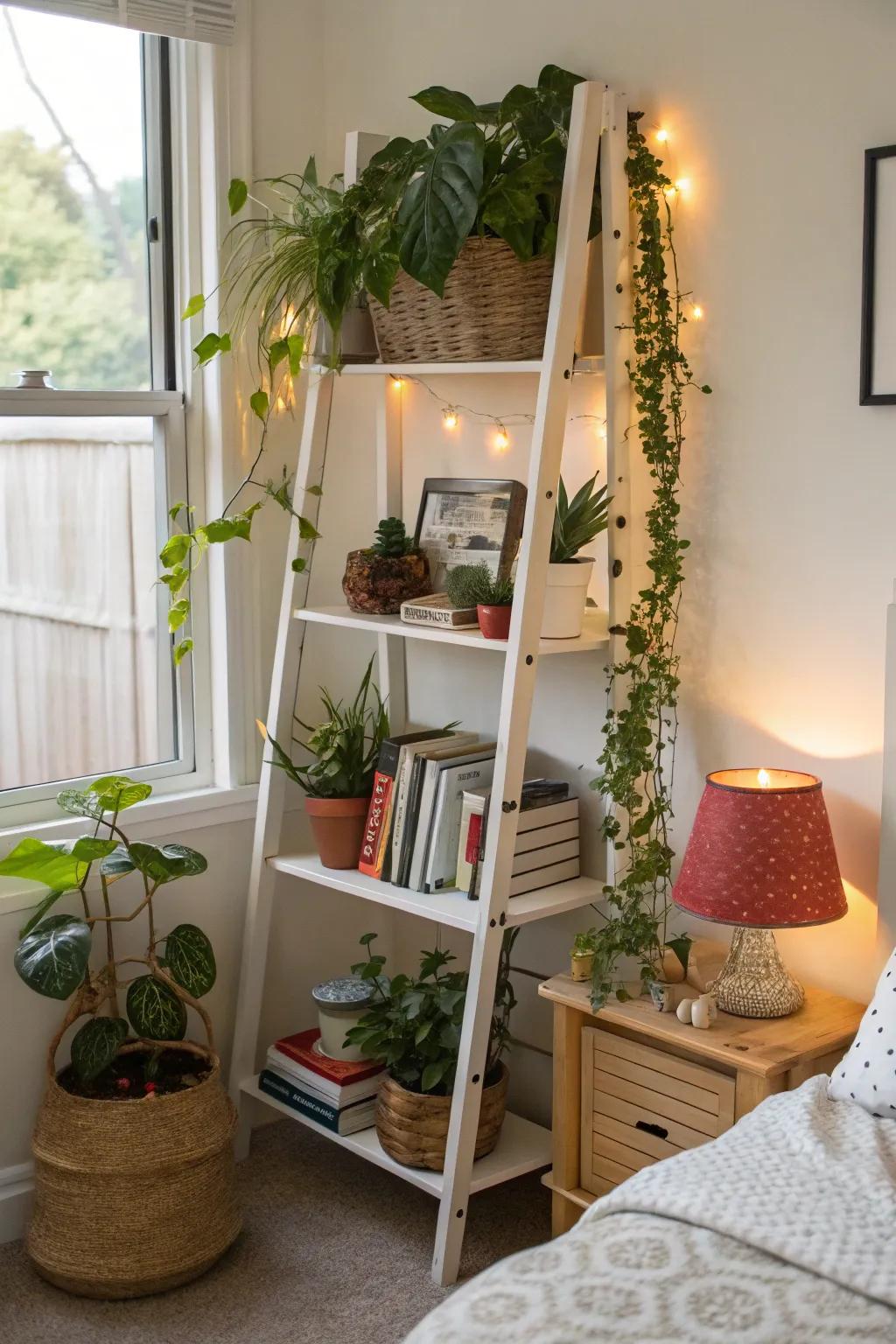 Ladder shelves add a whimsical touch and practical storage for decor and plants.