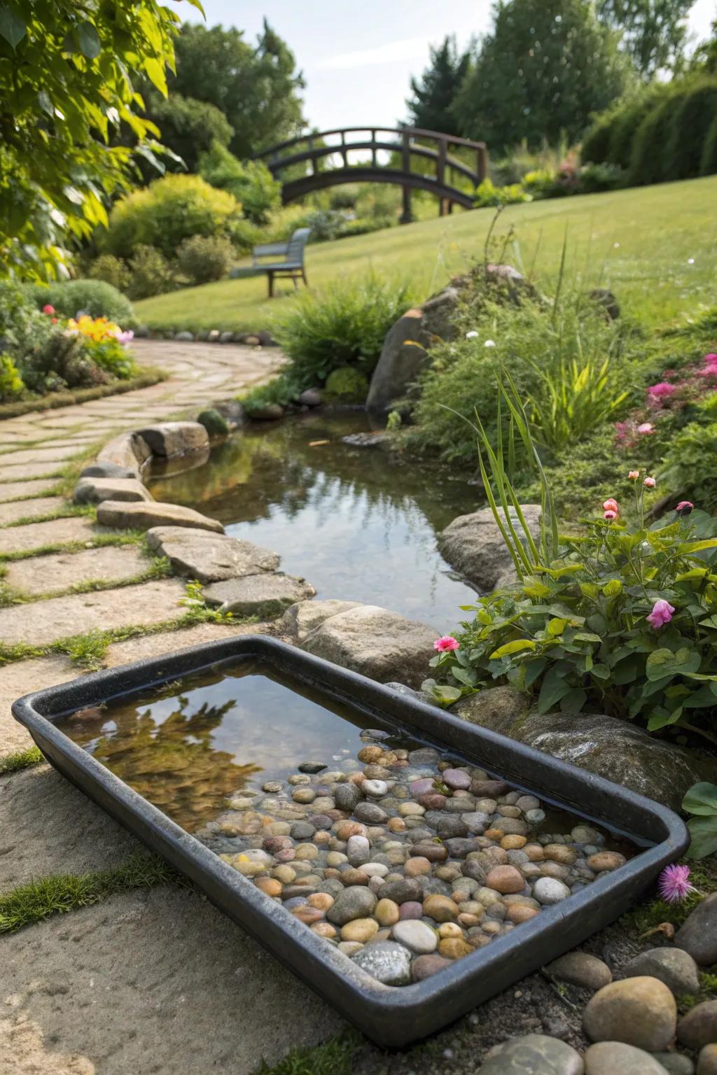 A pebble-lined tray serving as an inviting bee watering station.