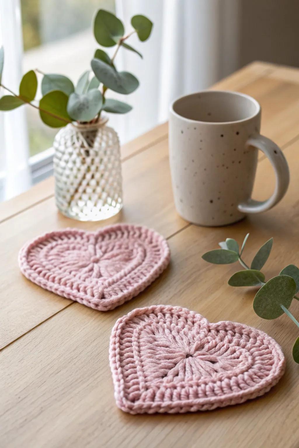 Add a touch of warmth and love to your coffee break with these charming heart-shaped knitted coasters.