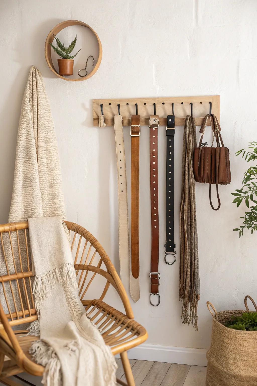 Elevate your space with a chic belt display that blends organization with style.