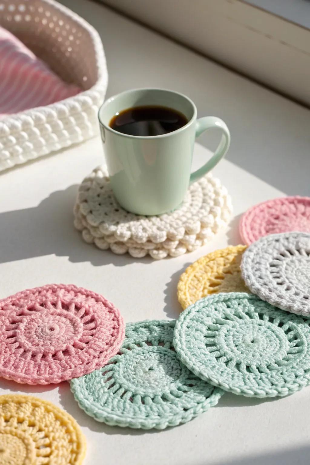 Crochet coasters keep your surfaces stylishly protected.