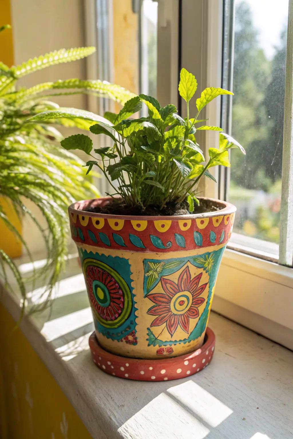 A colorful plant pot that adds a personal touch to any home.