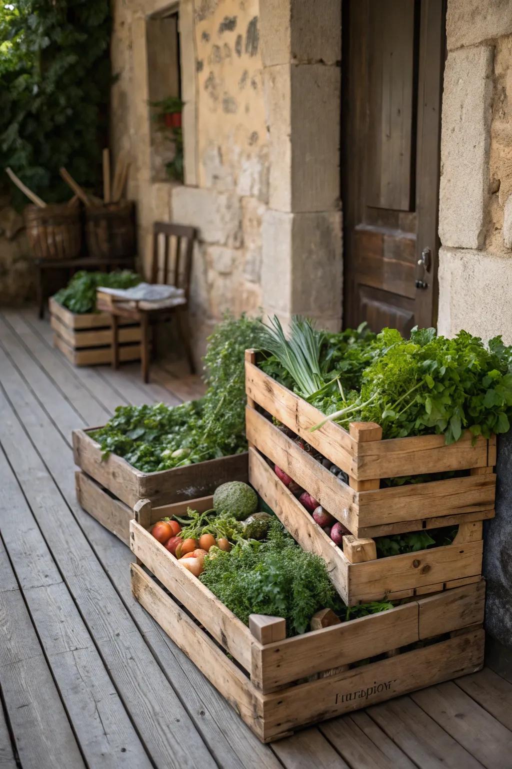 Wooden crates provide a charming rustic garden vibe.