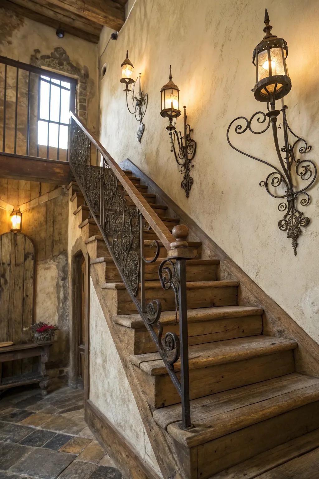 Wooden sconces add warmth and rustic charm to staircases.