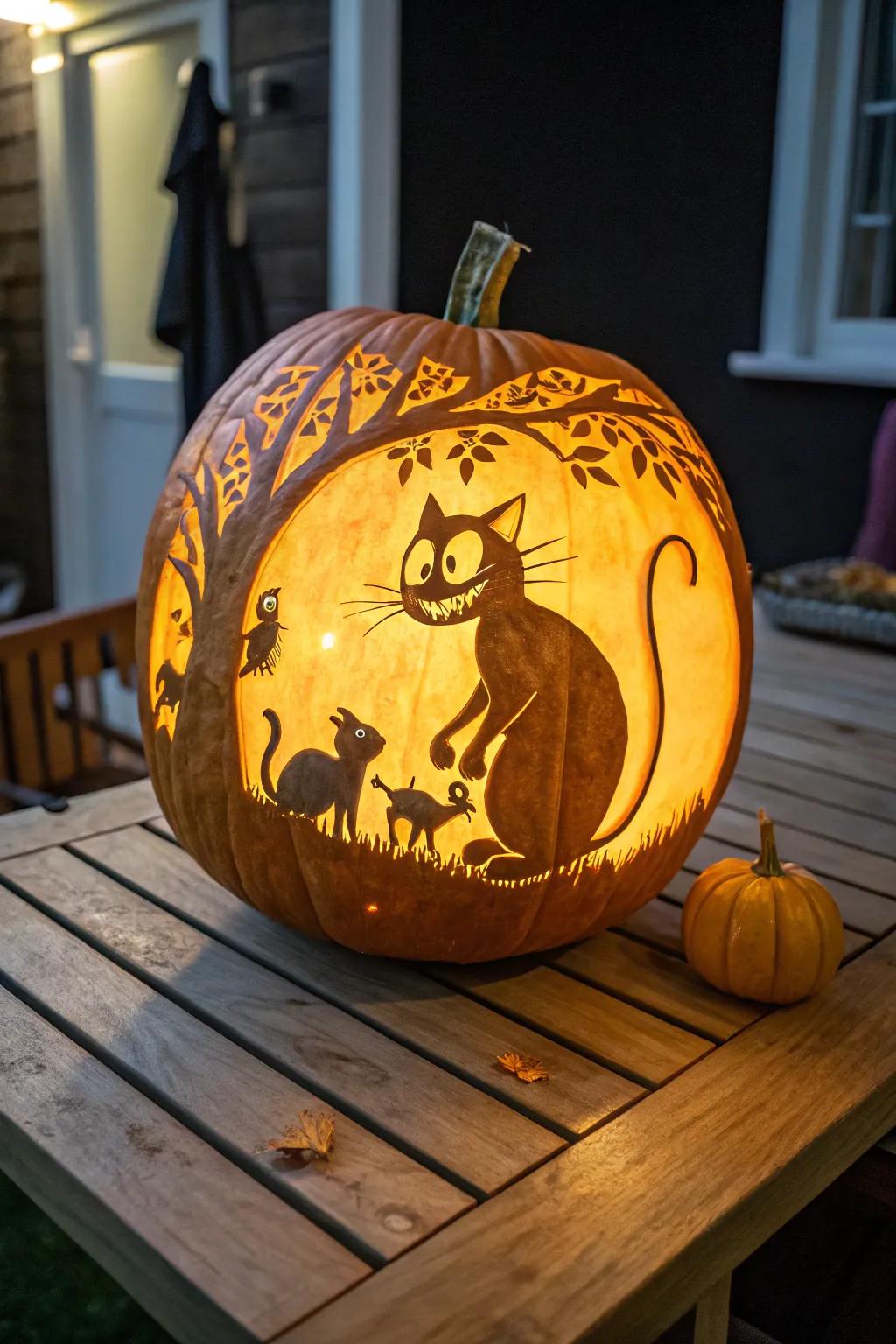 A playful cat-and-mouse chase captured in a charming pumpkin carving.