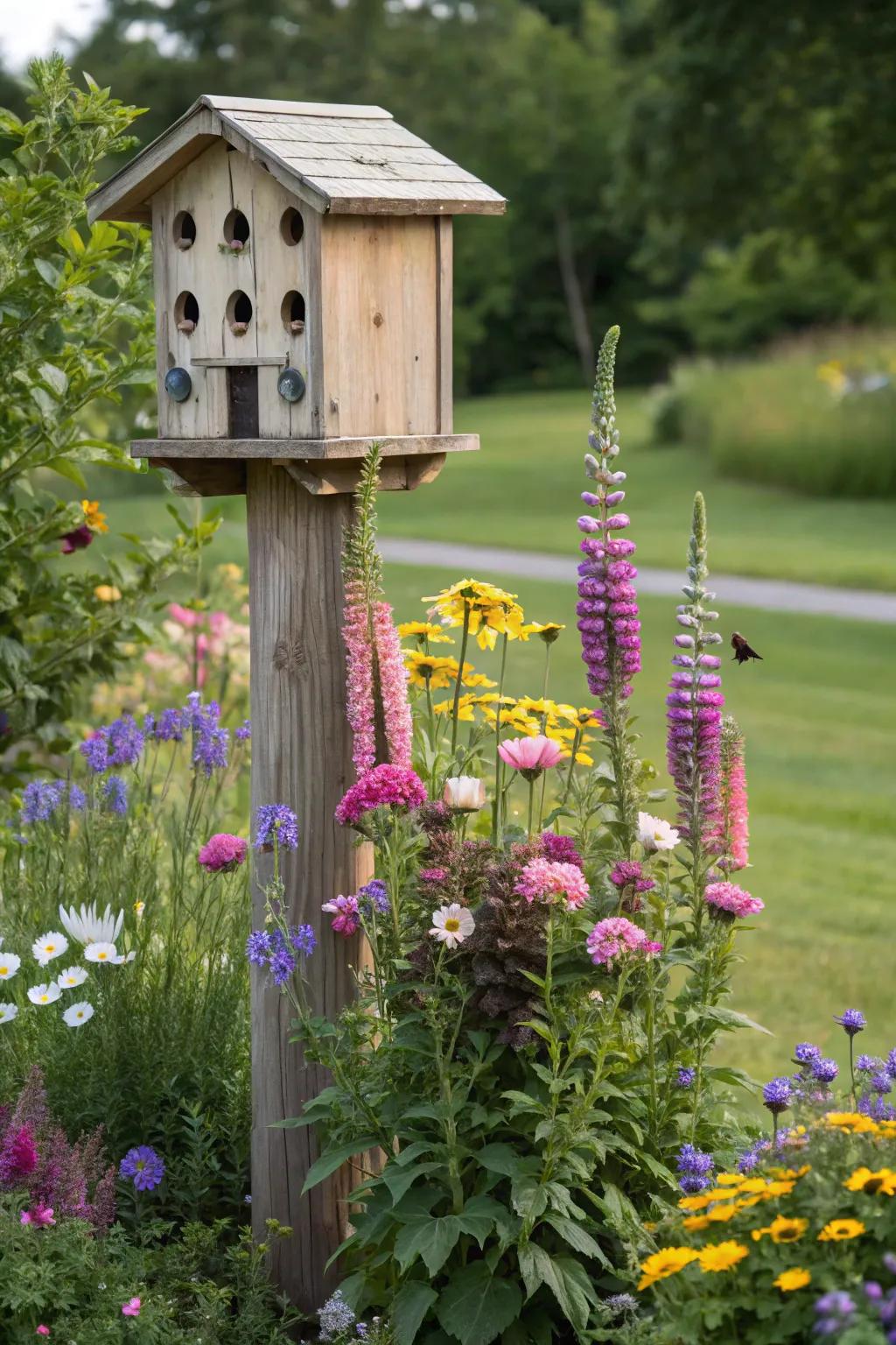 Enhance your birdhouse with a floral base for added beauty.