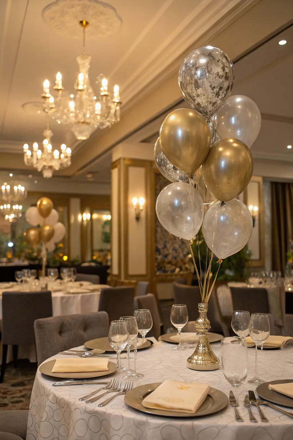 Metallic balloon centerpieces adding glamour to a refined birthday table setting.