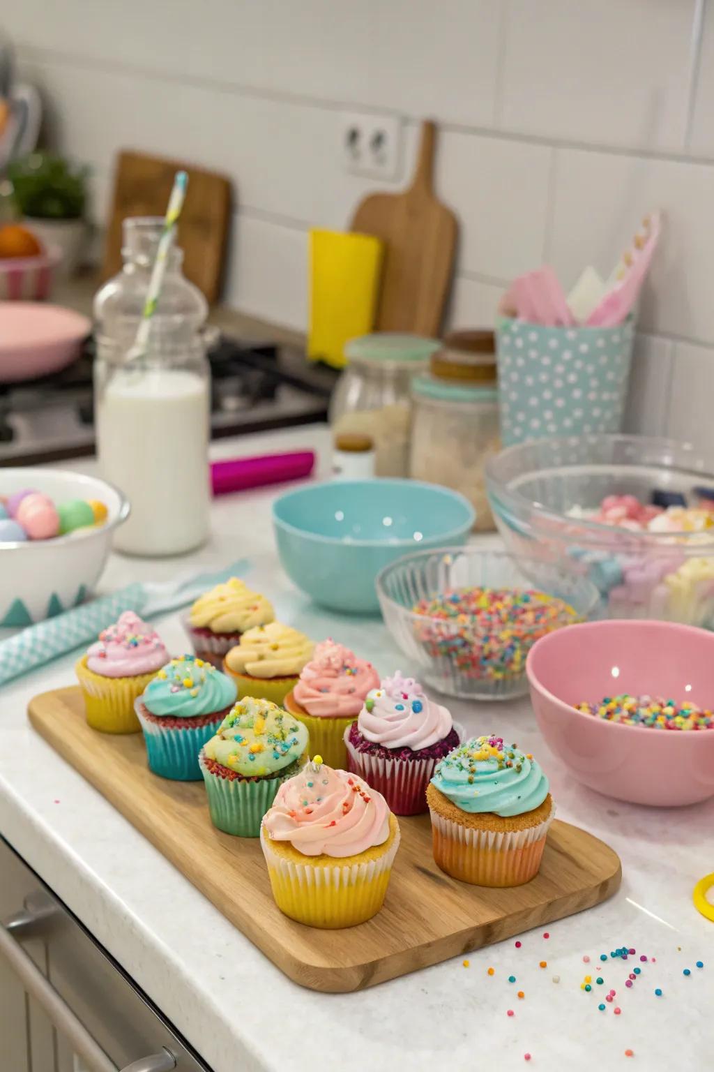 A baking party setup with cupcakes and decorating supplies.