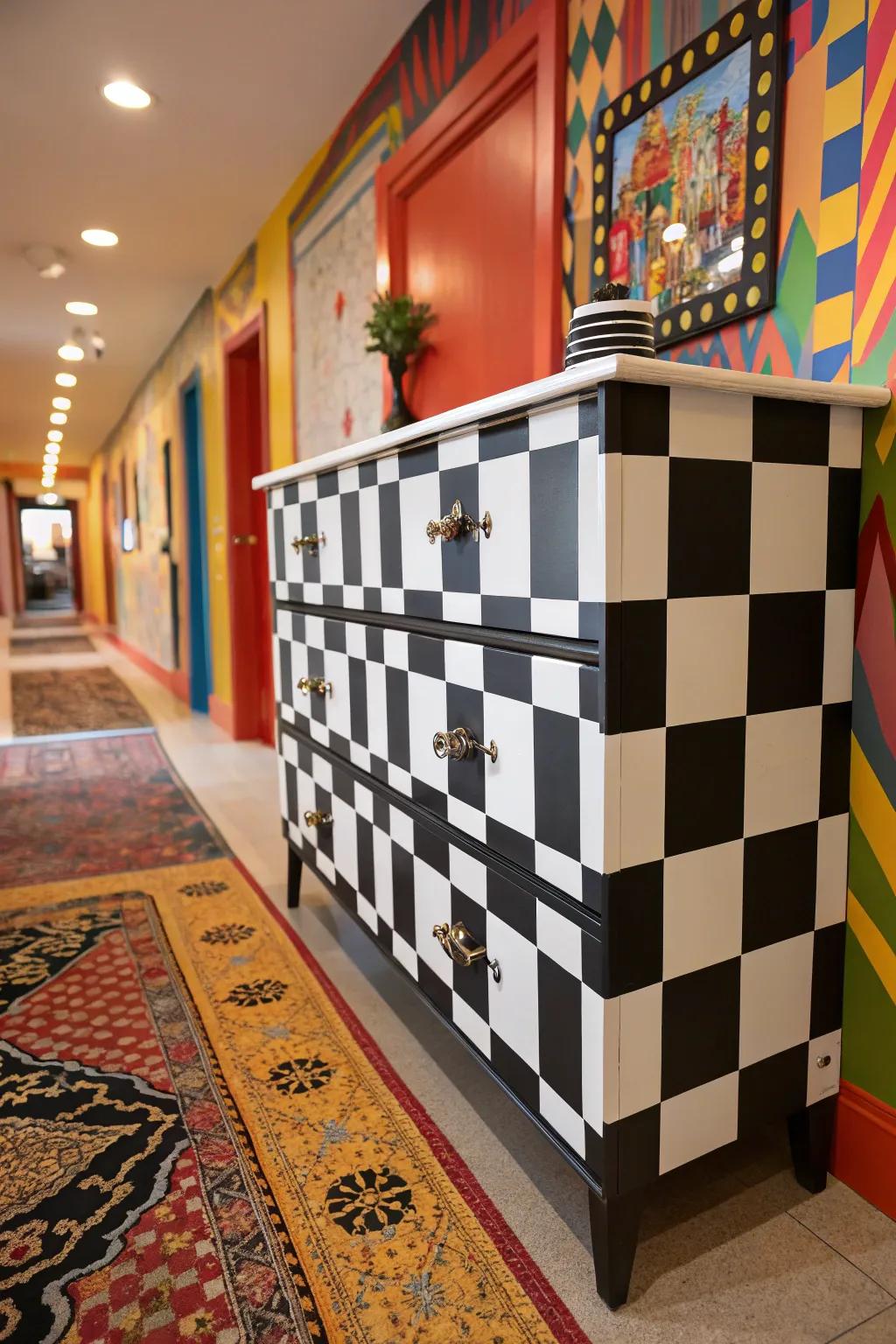 A bold checkerboard dresser that makes a statement in a vibrant hallway.