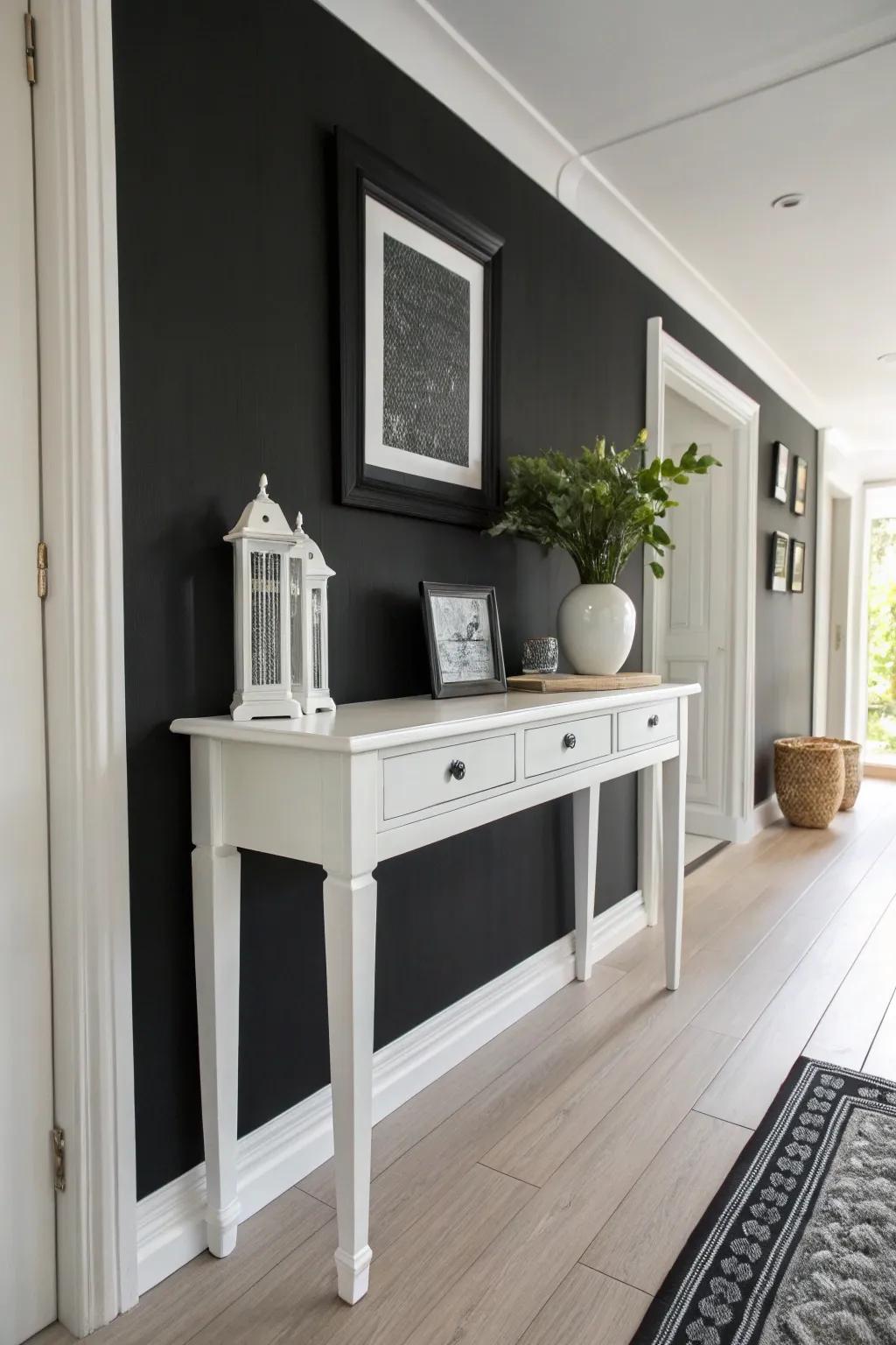 White furniture creates a striking contrast in this monochrome hallway.