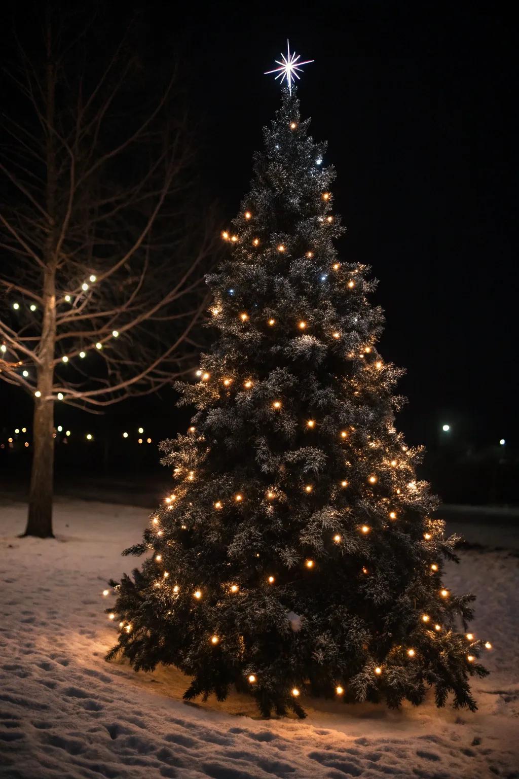 A black Christmas tree illuminated with twinkle lights for a festive glow.