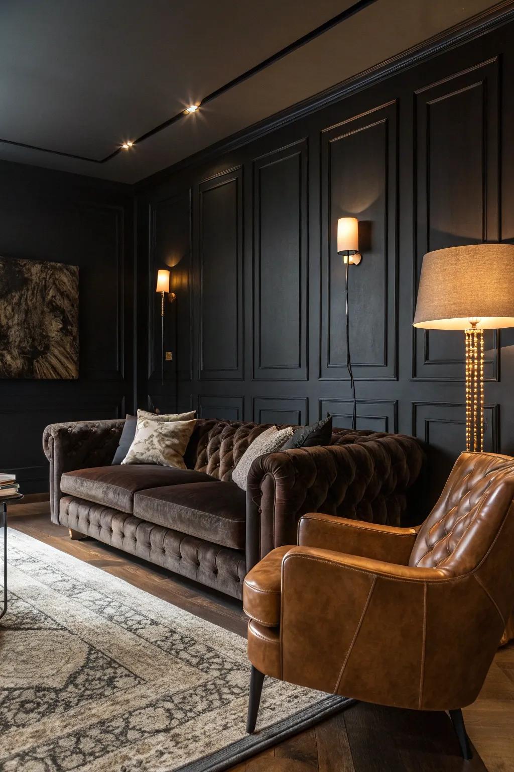 An elegant living room with black walls and rich textures.