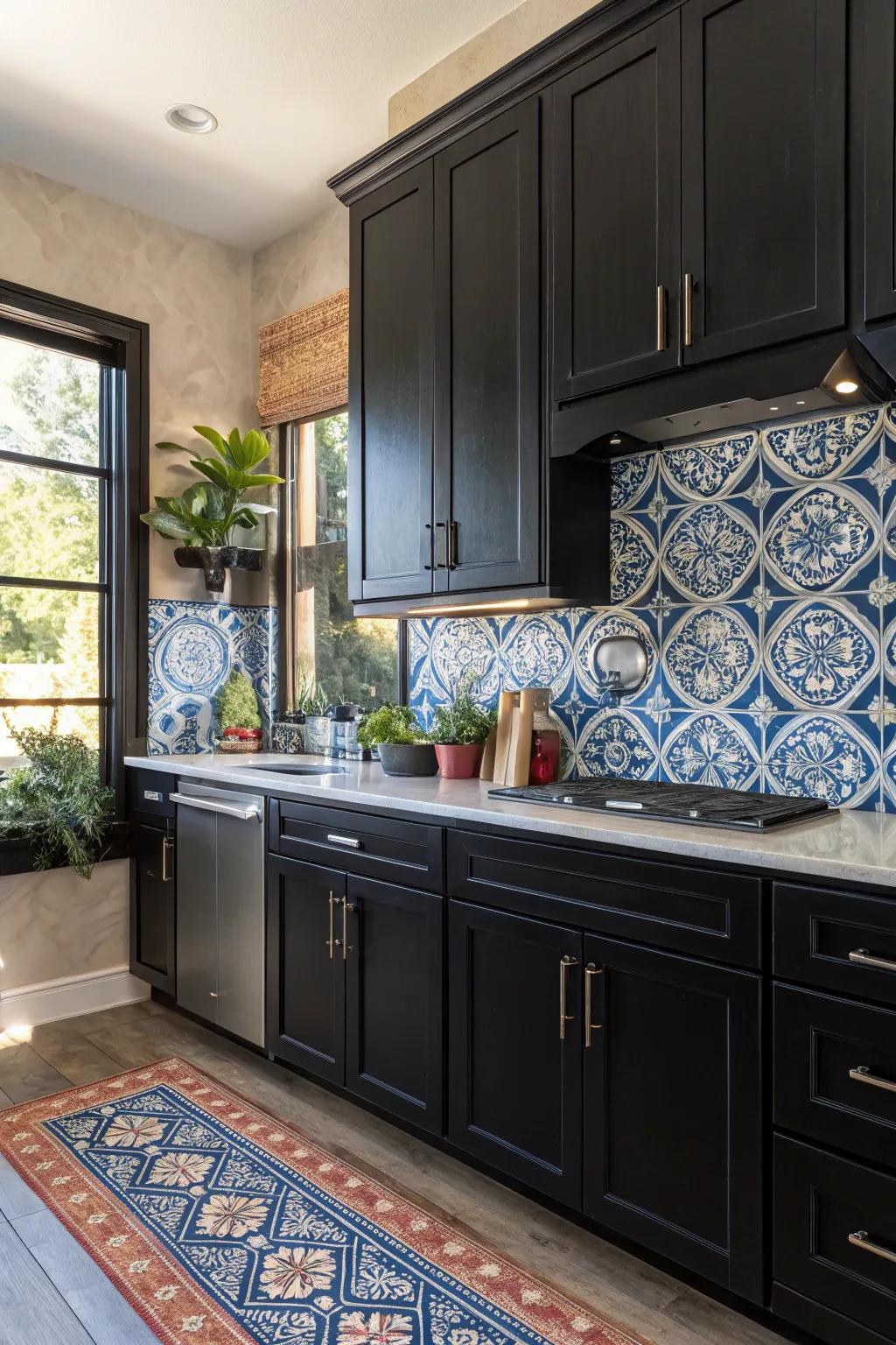 A statement backsplash that brings life and personality to black kitchen cabinets.