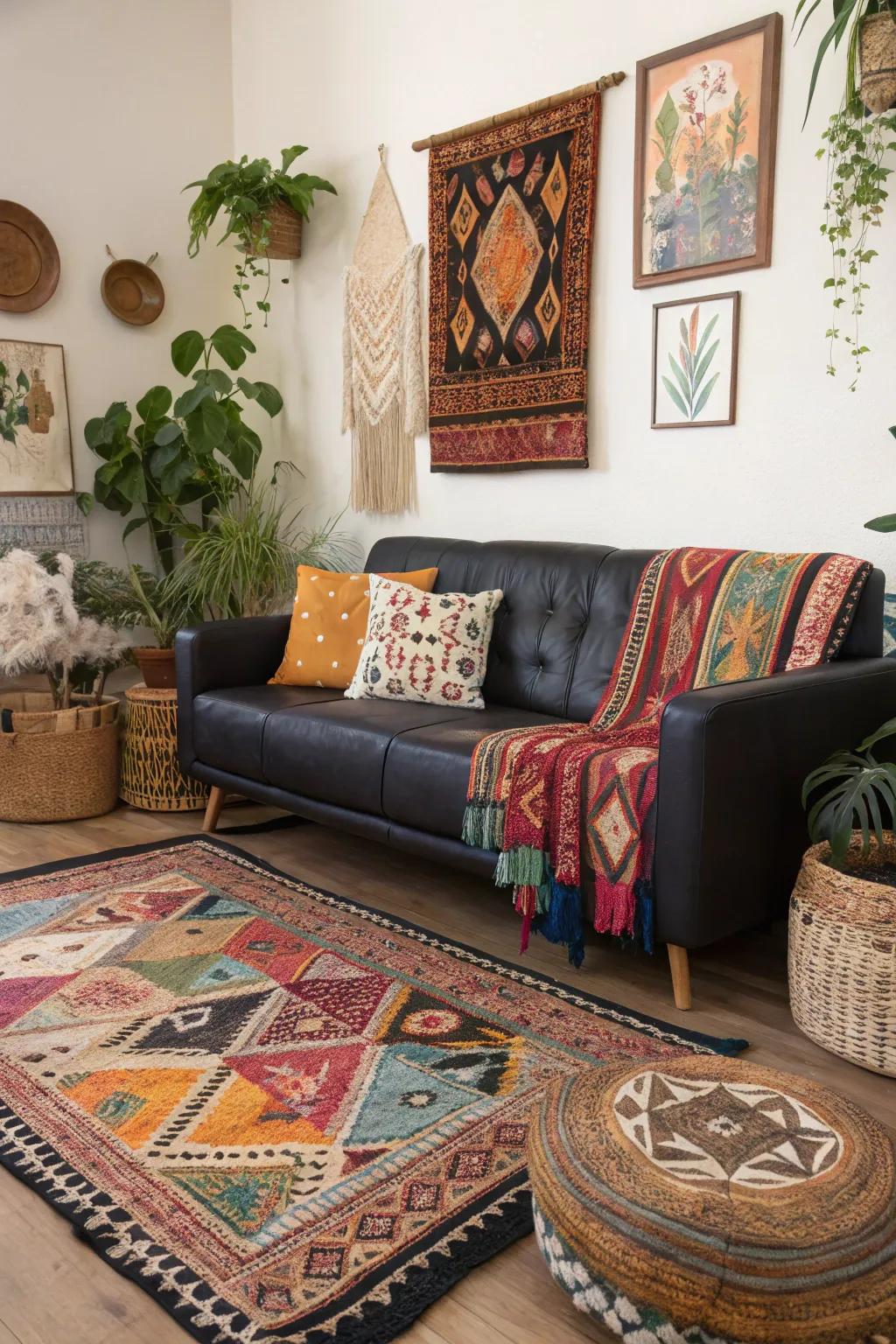 Boho chic elements add personality and warmth to the modern black leather sofa.