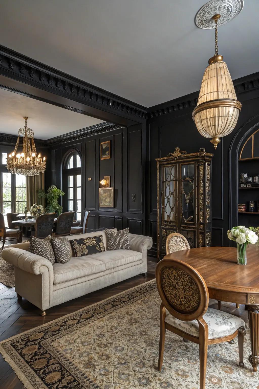 A harmonious blend of traditional and modern design in a black living room.