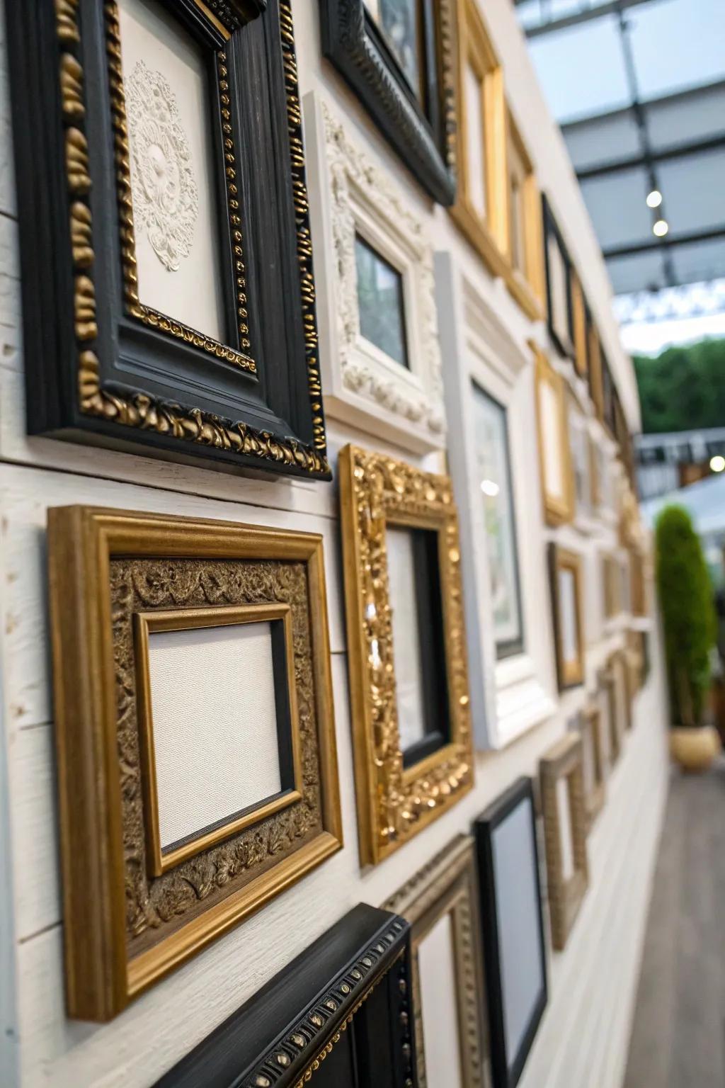 An elegant mix of black, gold, and white frames creating depth.