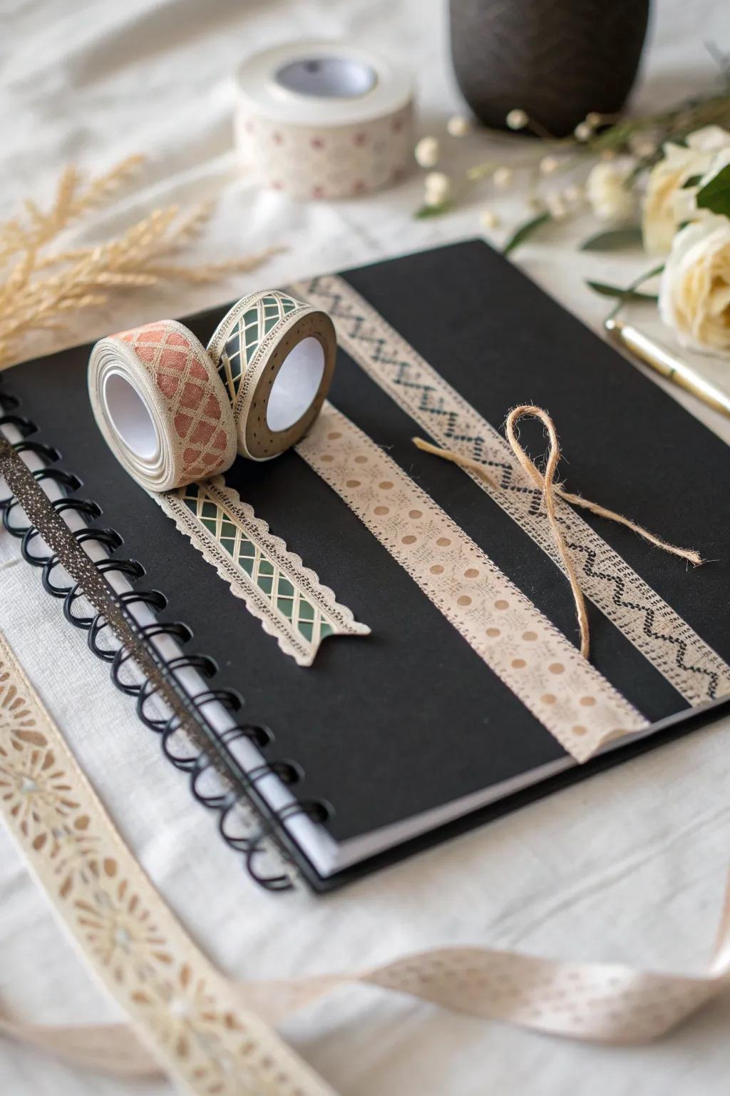Elevate your scrapbook with the tactile allure of washi tapes and ribbons, merging minimalist elegance with bohemian flair.