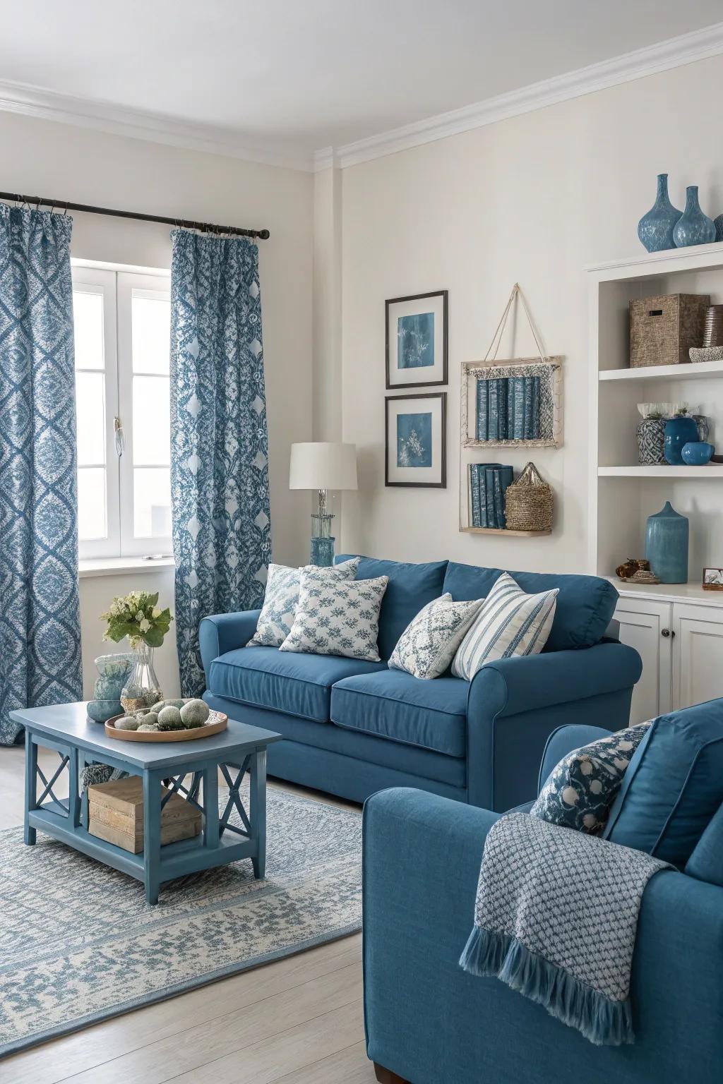 A modern monochrome living room with a blue accent wall and varying blue tones.