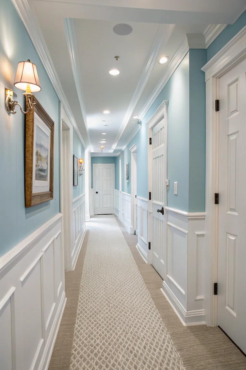 A touch of baby blue with white accents brightens narrow spaces.