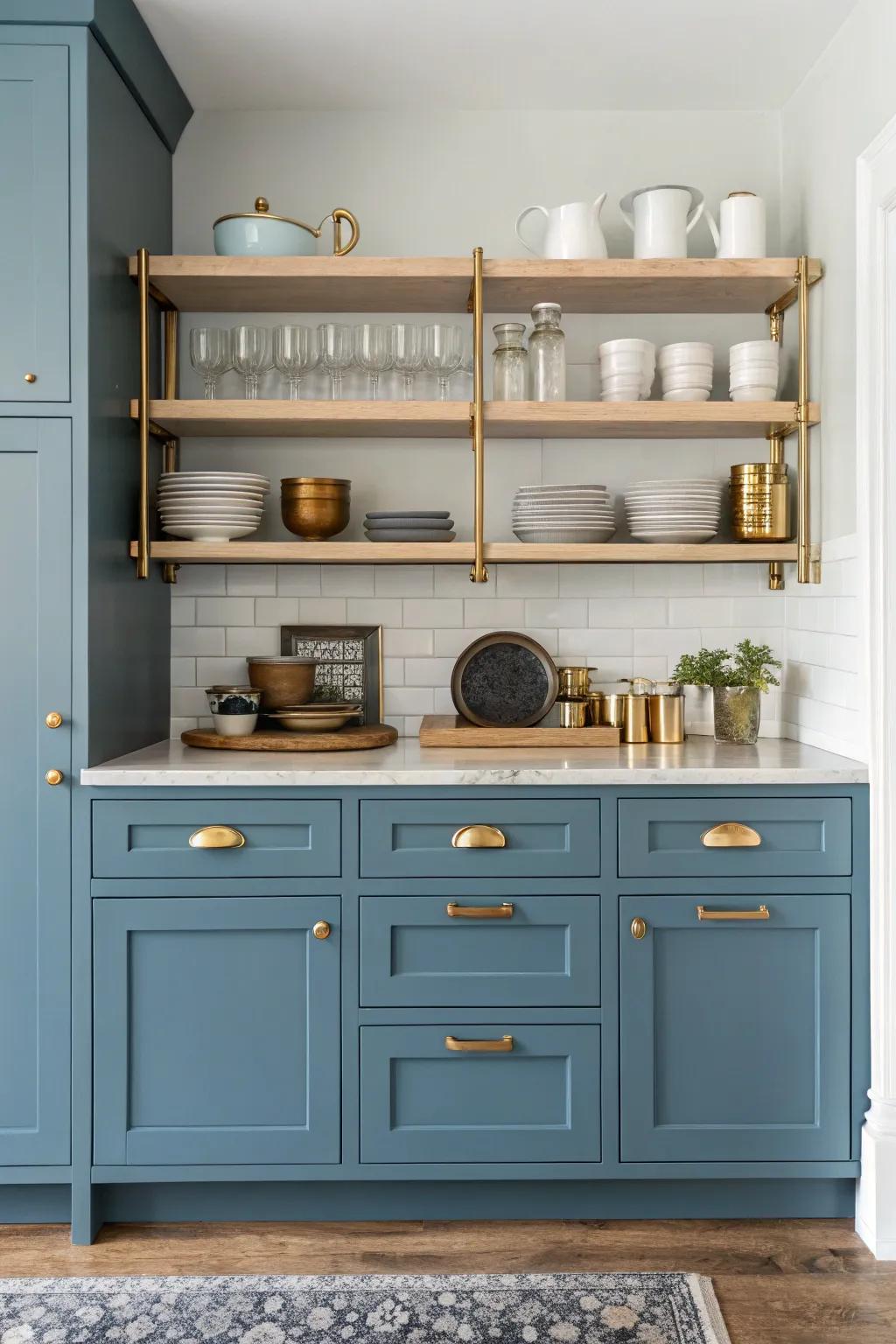 Blue base cabinets with gold hardware and open shelving create a modern and airy kitchen look.